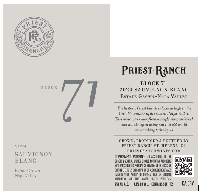 TABC label artwork for Priest Ranch Block 71 Sauvignon Blanc Napa Valley