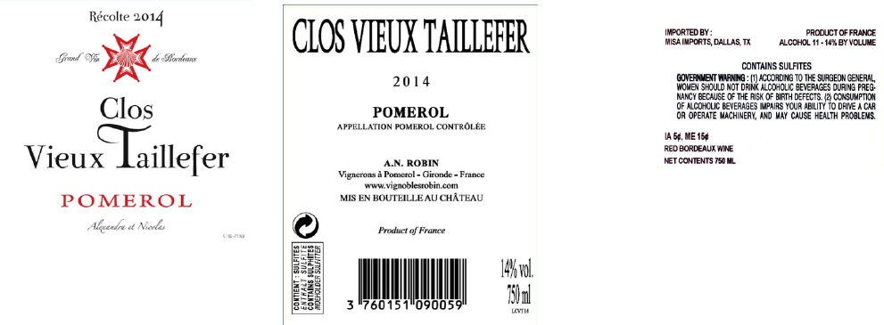 TABC label artwork for CLOS VIEUX TAILLEFER POMEROL