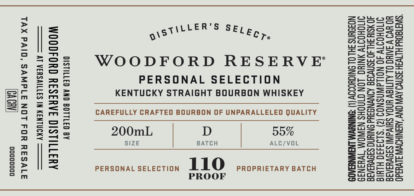 TABC label artwork for Woodford Reserve Personal Selection Batch D