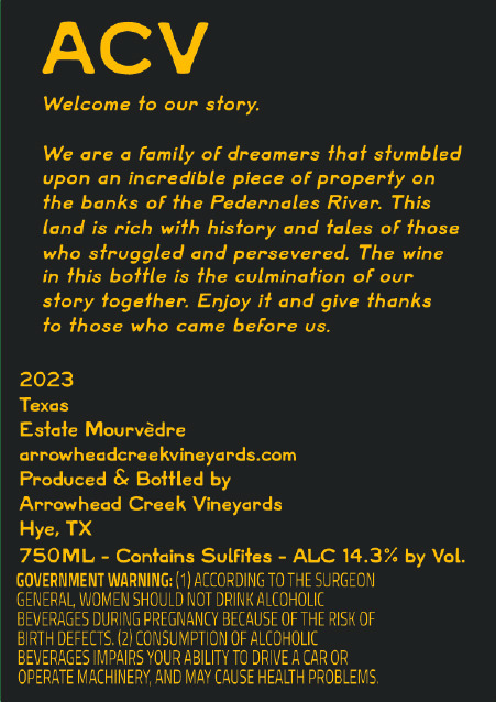 TABC label artwork for Arrowhead Creek 2023 Estate Mourvedre