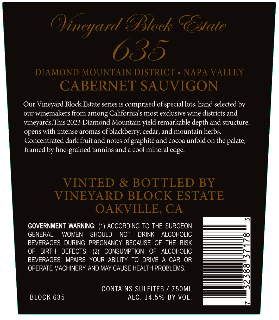 TABC label artwork for Vineyard Block Estate 635 Cabernet Sauvignon Diamond Mountain District