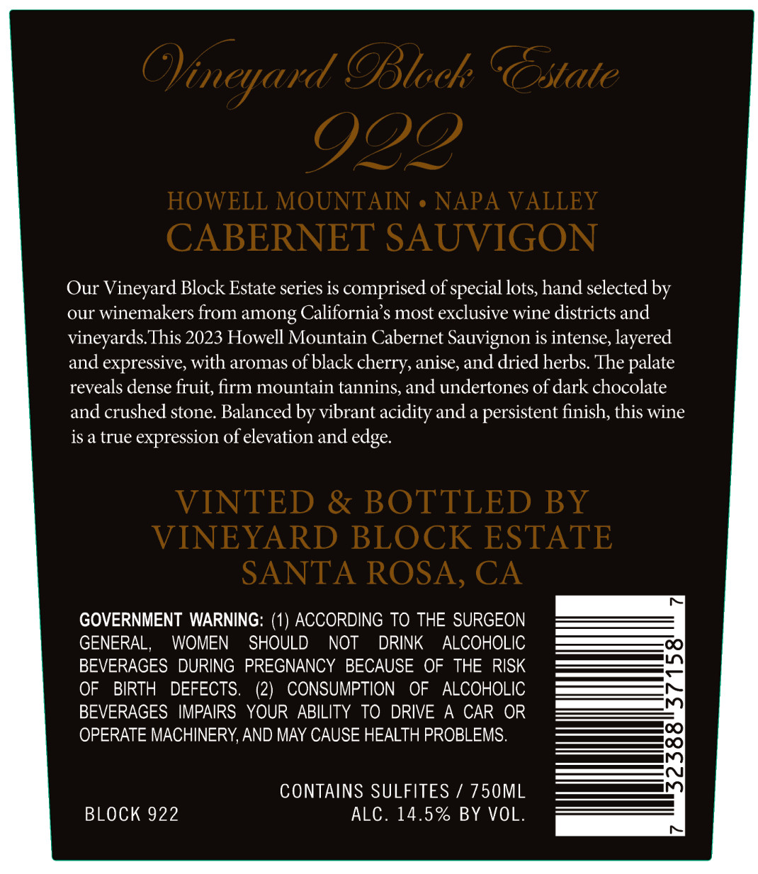 TABC label artwork for Vineyard Block Estate 922 Cabernet Sauvignon Howell Mountain