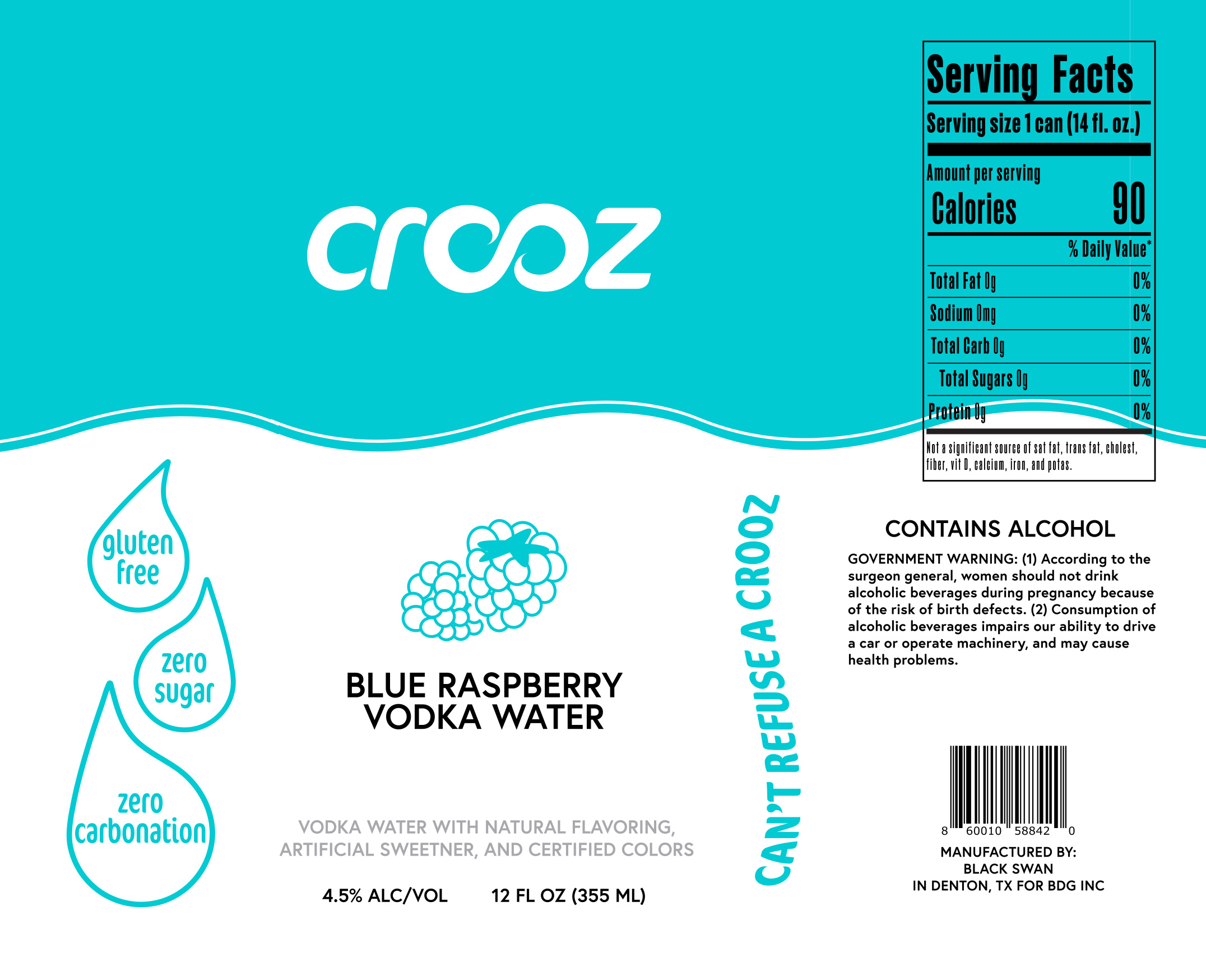 TABC label artwork for CROOZ BLUE RASPBERRY VODKA WATER