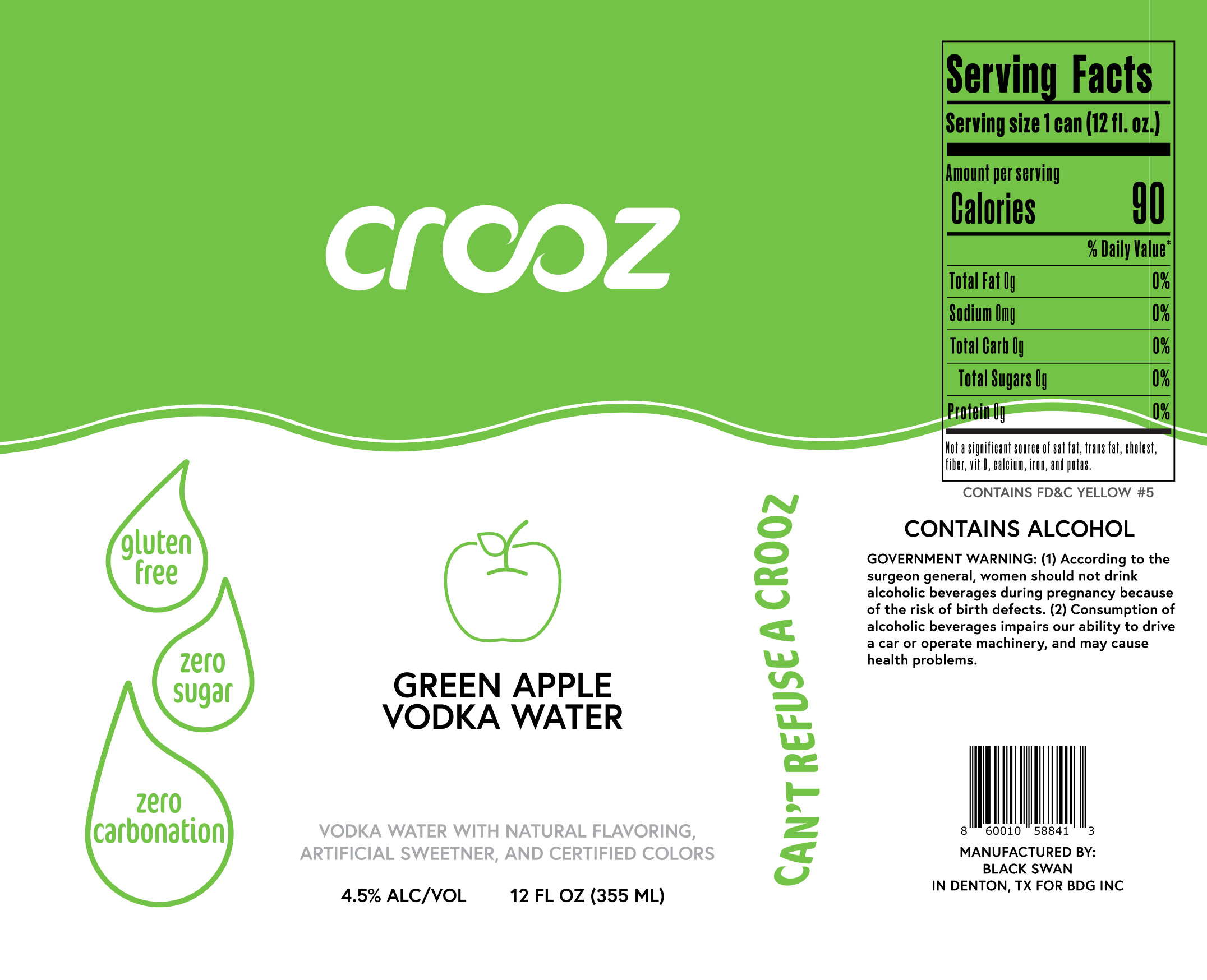 TABC label artwork for CROOZ GREEN APPLE VODKA WATER