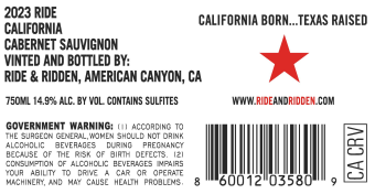 TABC label artwork for Ride & Ridden Cabernet Sauvignon California