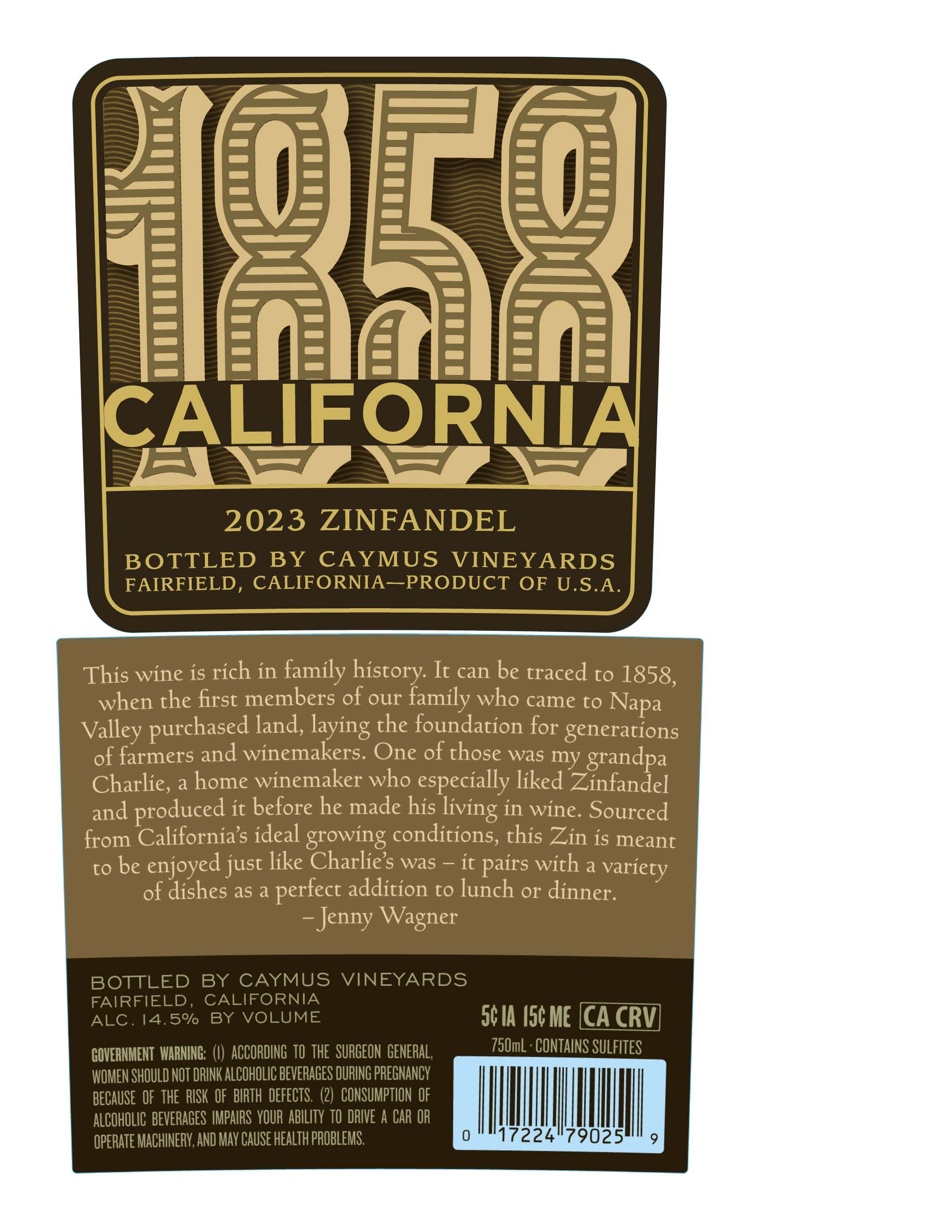 TABC label artwork for 1858 by Caymus Vineyards Zinfandel