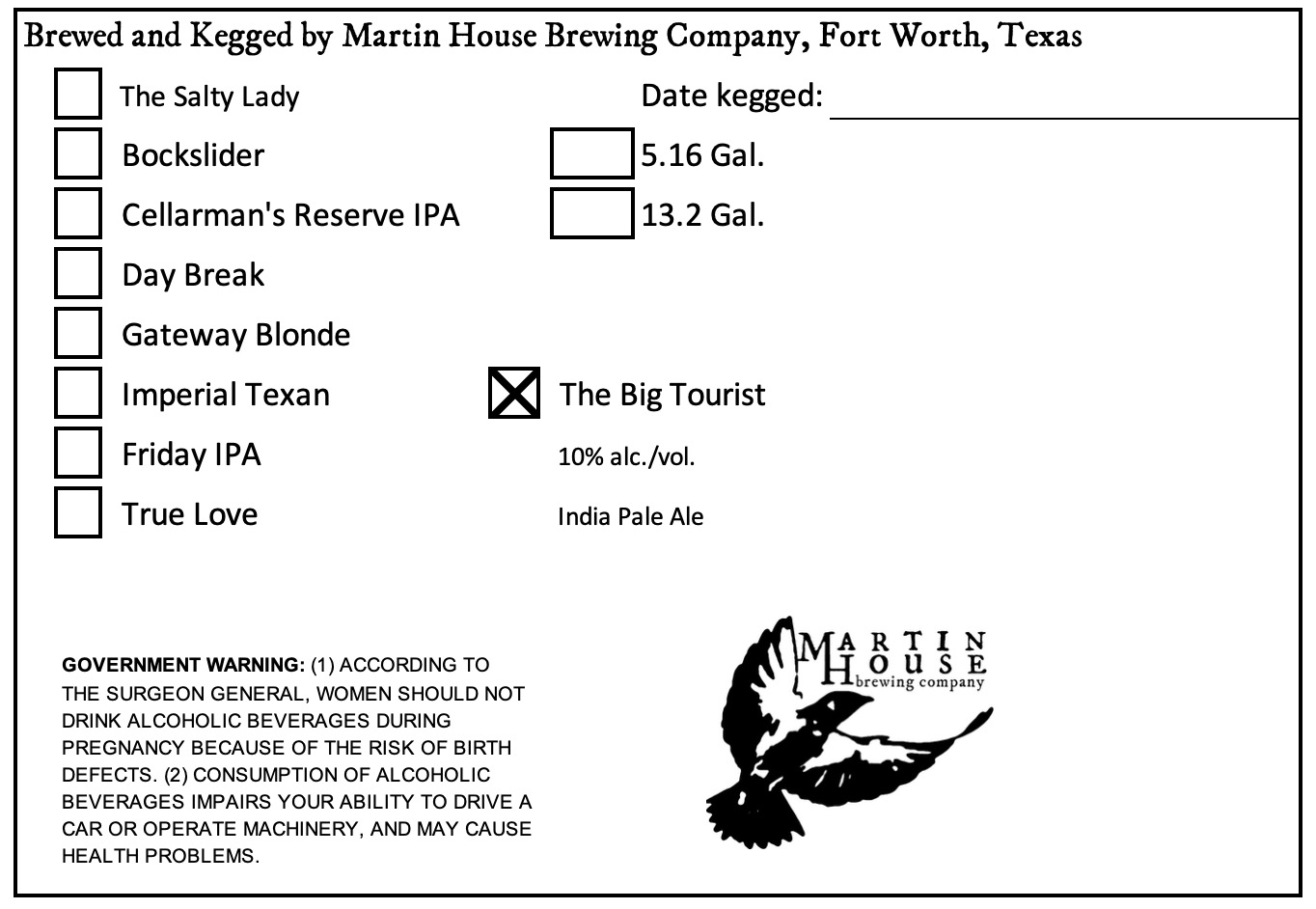 TABC label artwork for MARTIN HOUSE BREWING COMPANY THE BIG TOURIST KEG
