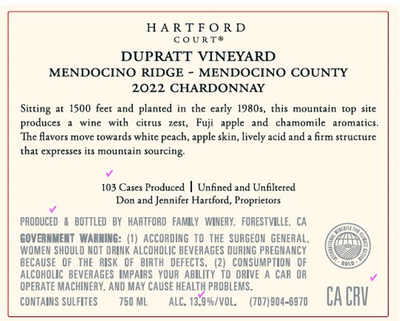TABC label artwork for HARTFORD COURT CHARDONNAY DUPRATT VNYD MENDOCINO RIDGE