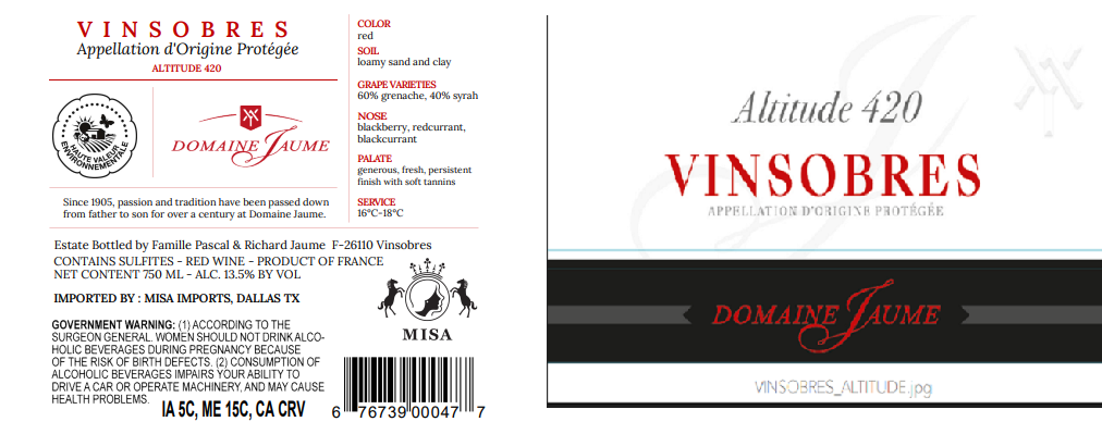 TABC label artwork for DOMAINE JAUME ALTITUDE 420