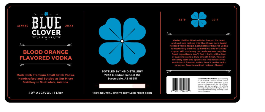 TABC label artwork for Blue Clover Blood Orange Flavored Vodka