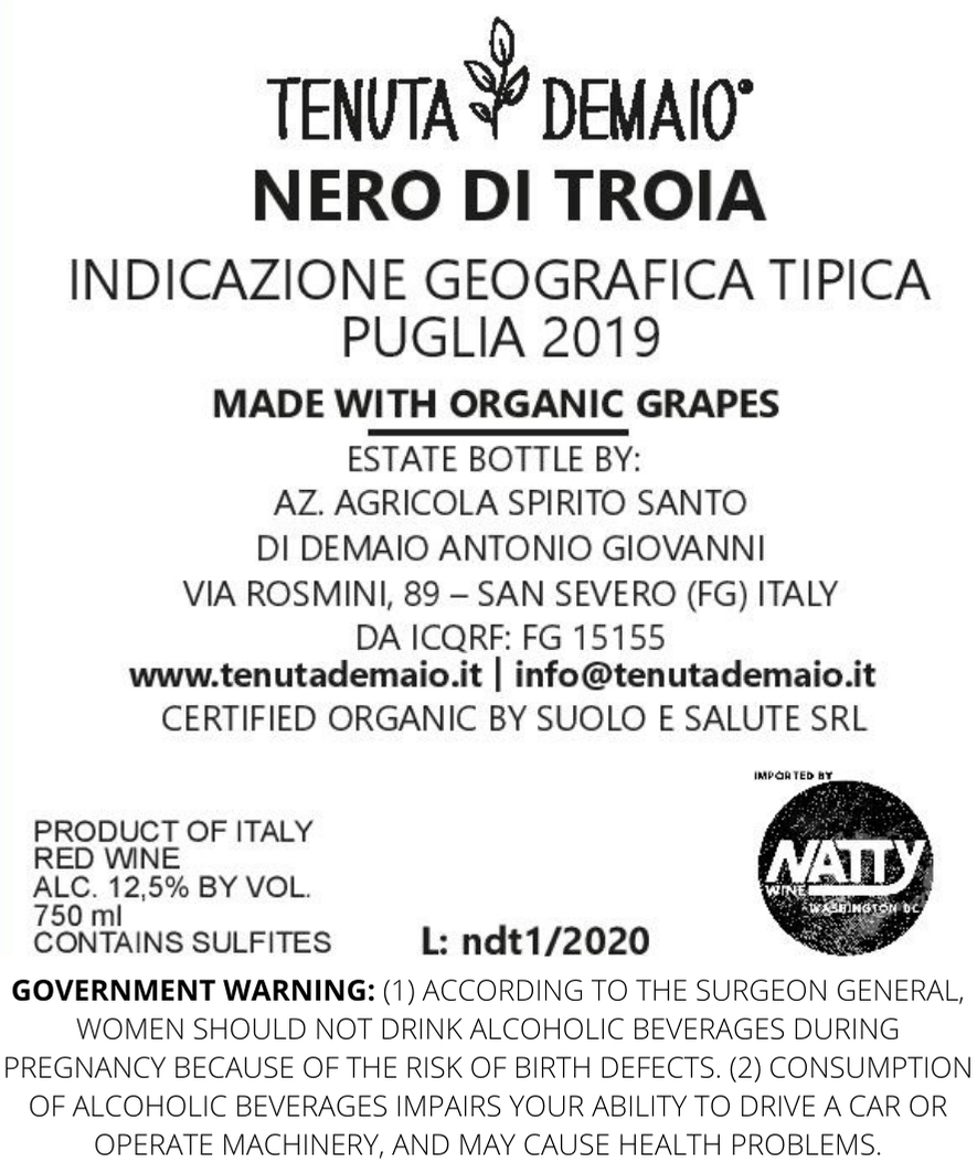 TABC label artwork for Tenuta Demaio Nero di Troia