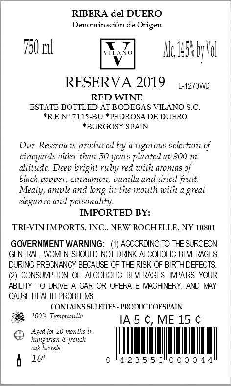 TABC label artwork for Vilano Ribera Del Duero Reserva