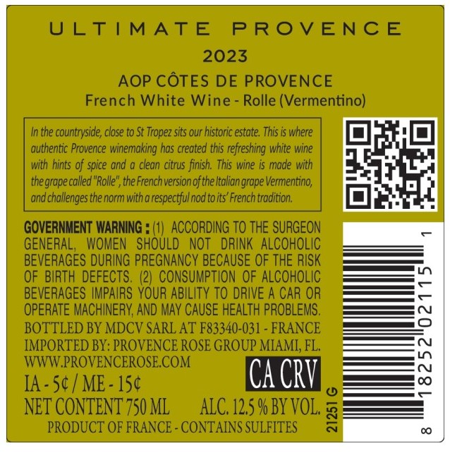 TABC label artwork for Ultimate Provence 2023 French White Wine
