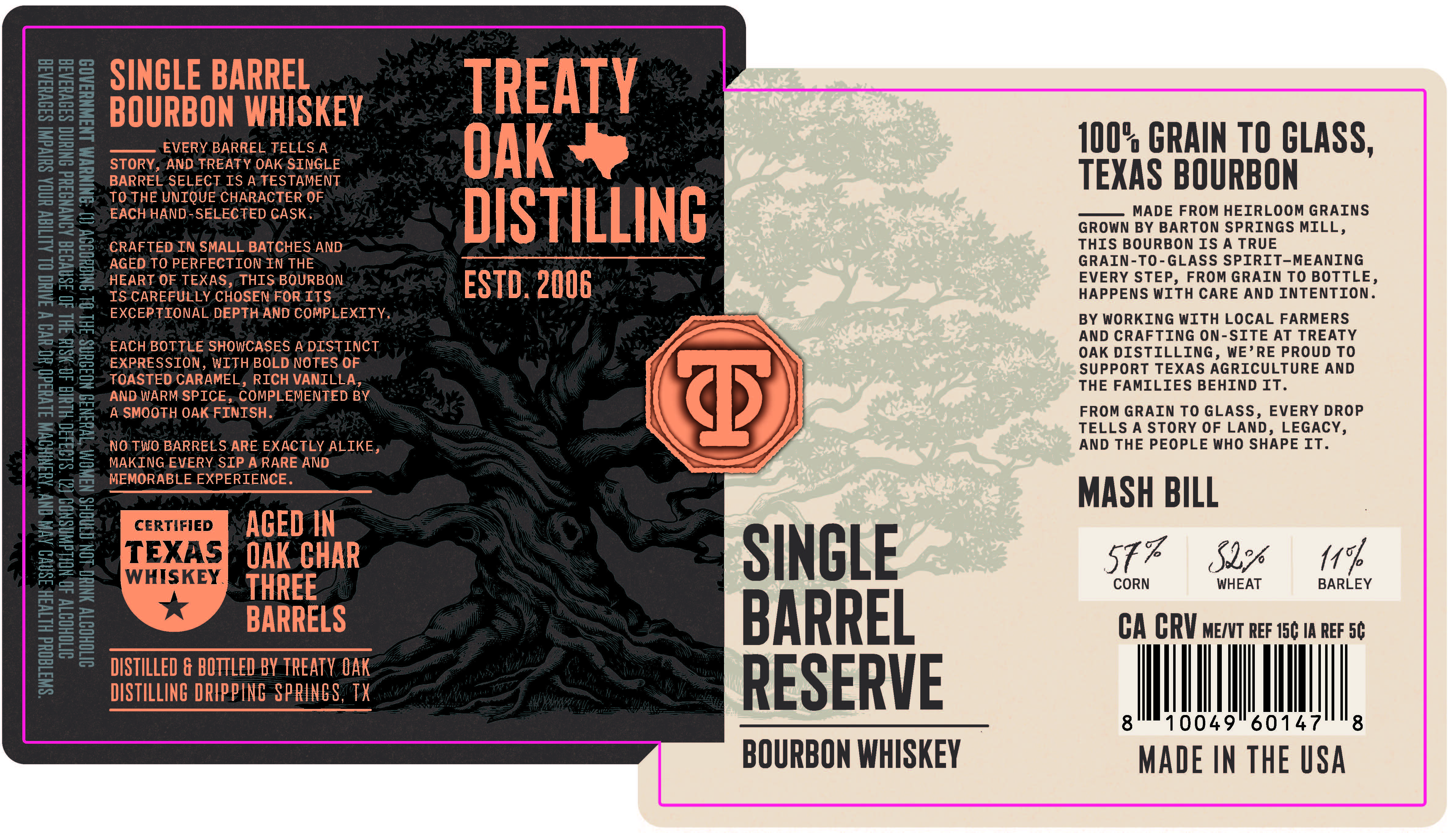 TABC label artwork for Treaty Oak Single Barrel Reserve Bourbon Whiskey 6/750mL Various proof