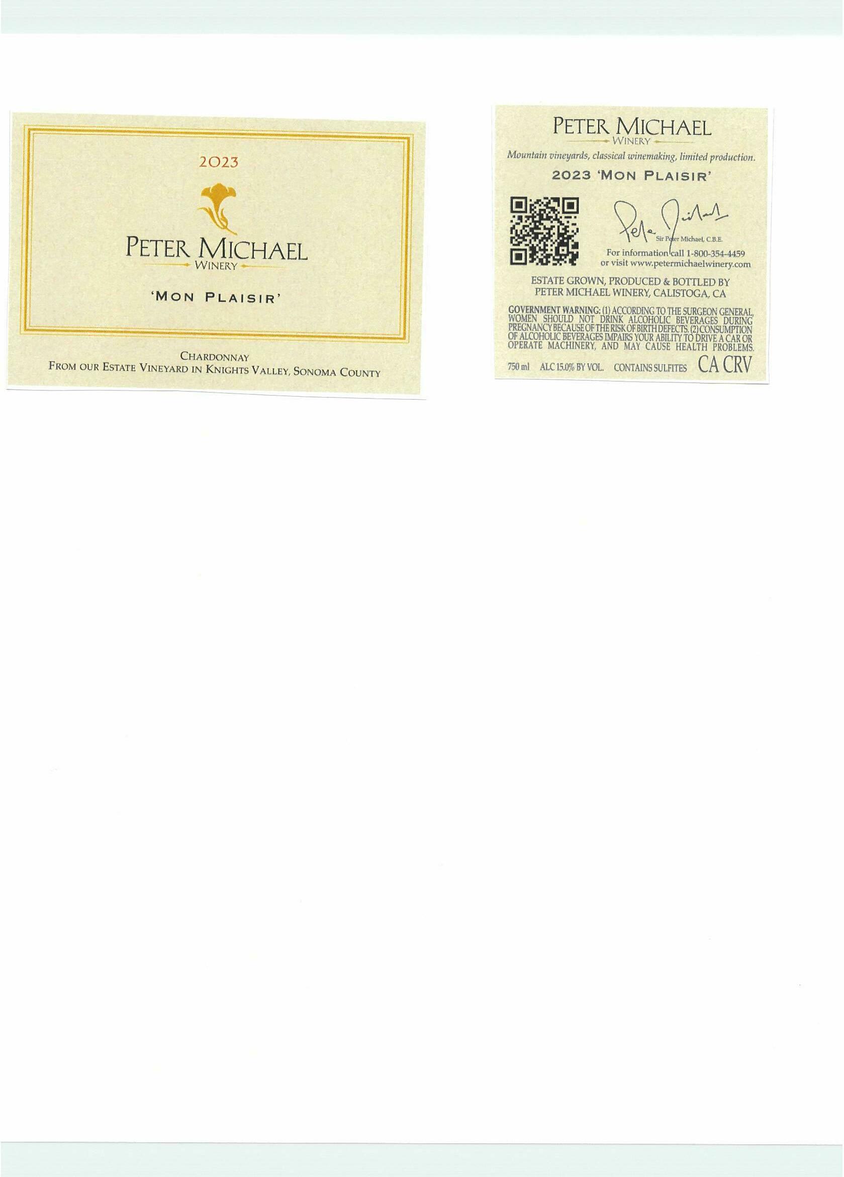 TABC label artwork for Peter Michael Winery Mon Plaisir Chardonnay Knights Valley