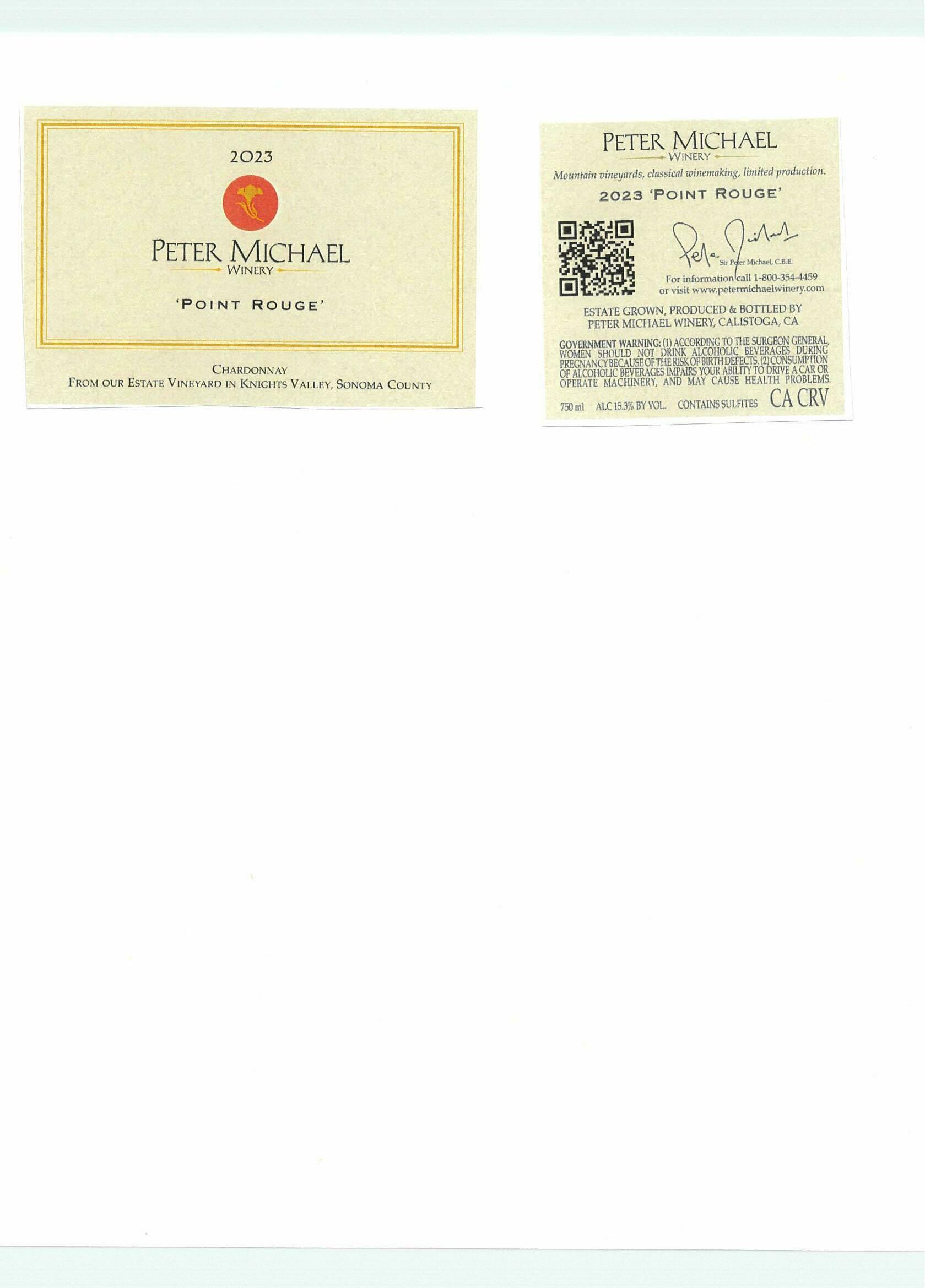 TABC label artwork for Peter Michael Winery Point Rouge Chardonnay Knights Valley