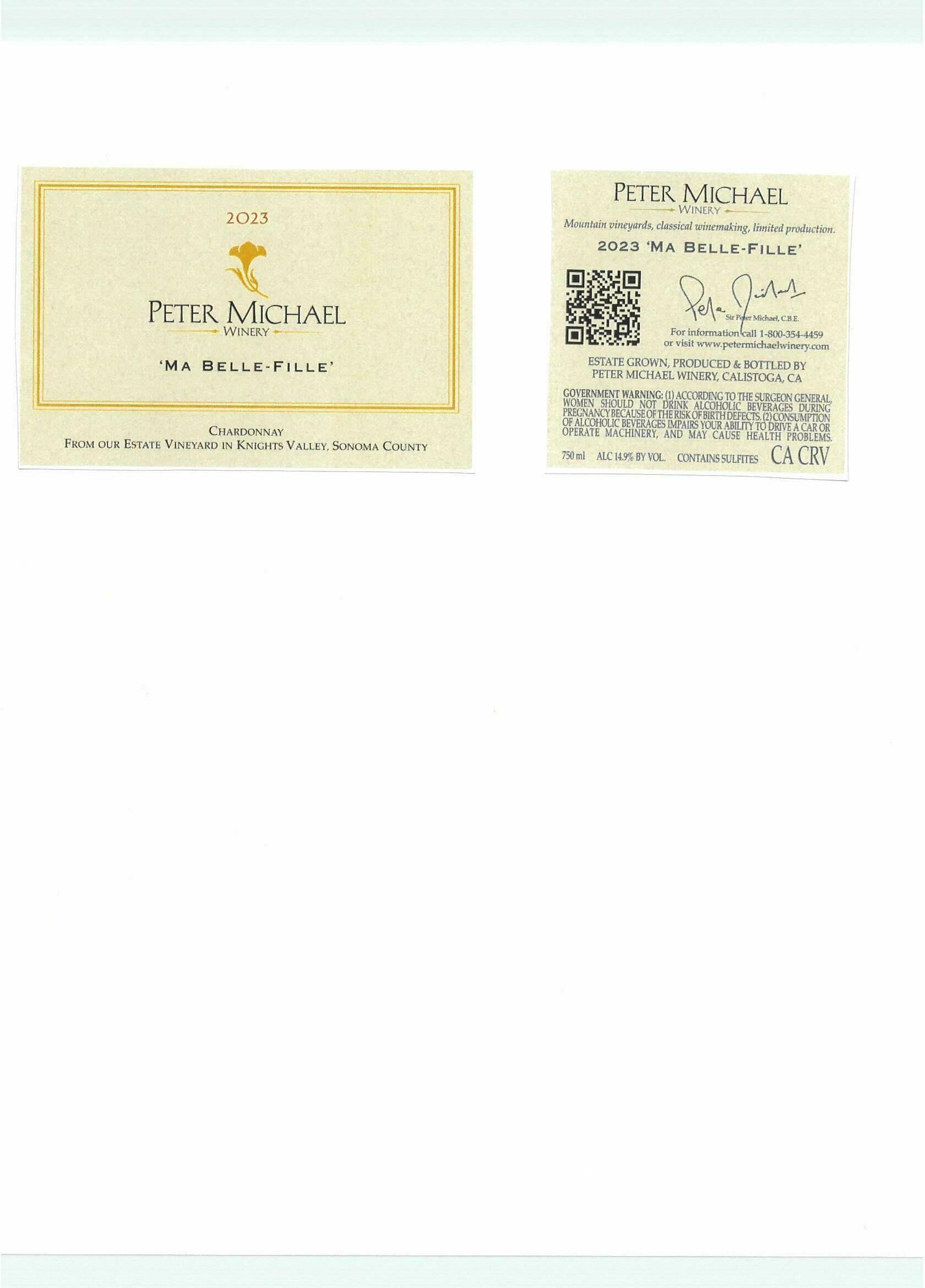 TABC label artwork for Peter Michael Winery Ma Belle Fille Chardonnay Knights Valley