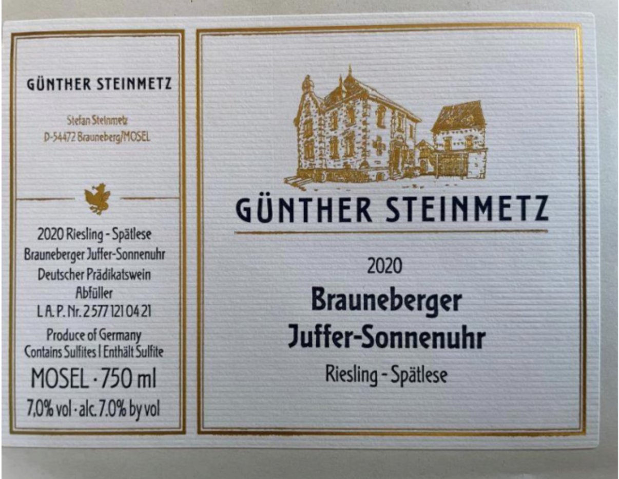 TABC label artwork for Gunther Steinmetz 2020 Brauneberger Juffer Sonnenuhr Riesling Spatlese