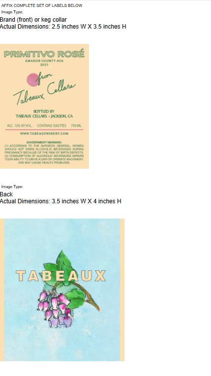 TABC label artwork for Tabeaux Primitivo