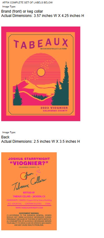 TABC label artwork for Tabeaux Viognier