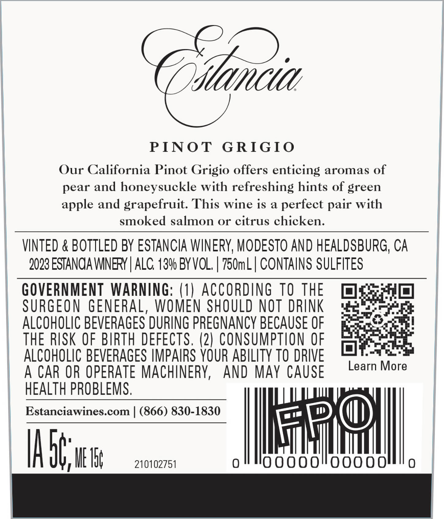 TABC label artwork for Estancia Pinot Grigio California