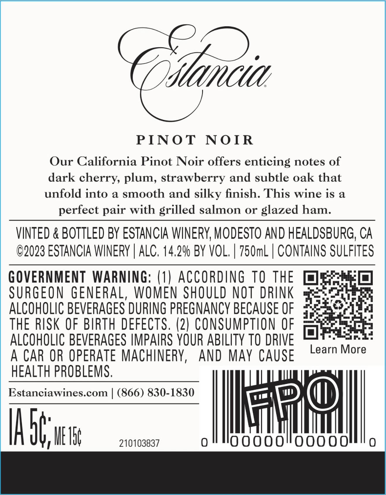 TABC label artwork for Estancia Pinot Noir California
