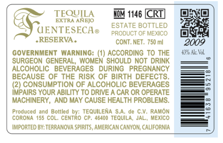 TABC label artwork for Fuenteseca Reserva Extra Anejo, 12 Years