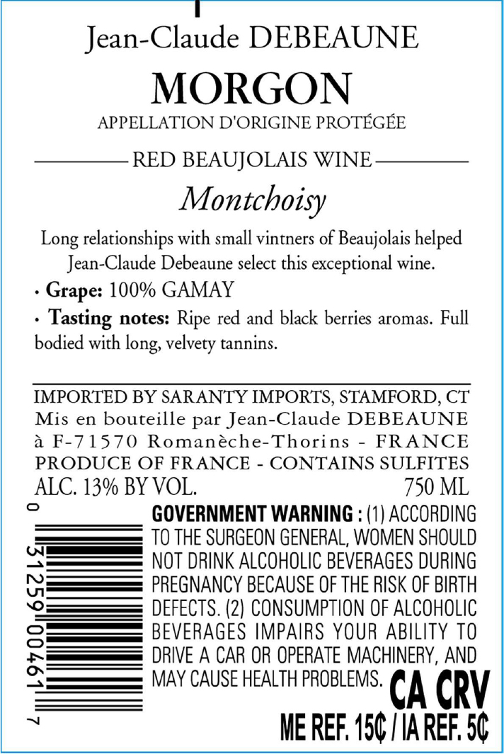 TABC label artwork for JEAN CLAUDE DEBEAUNE Morgon Montchoisy