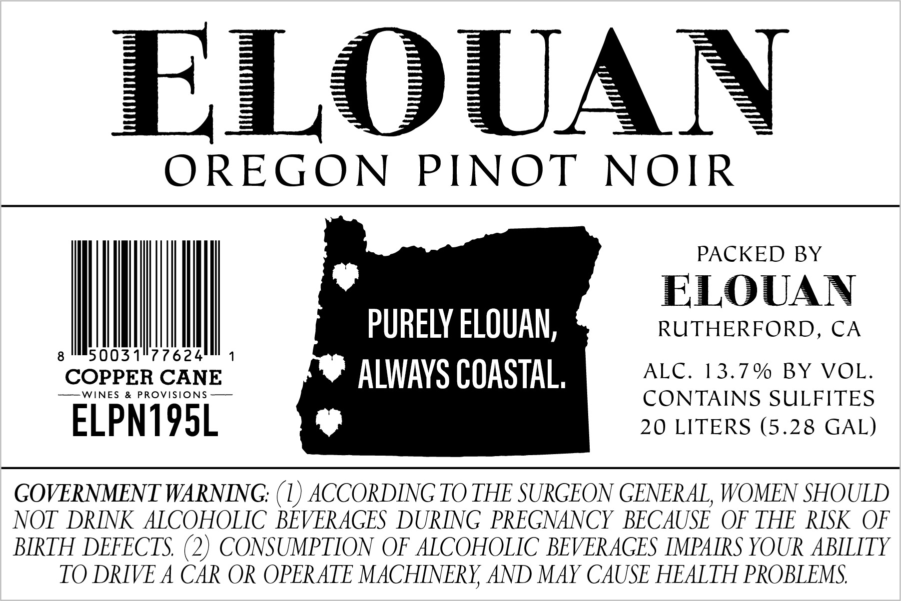 TABC label artwork for Elouan - Pinot Noir Oregon Keg
