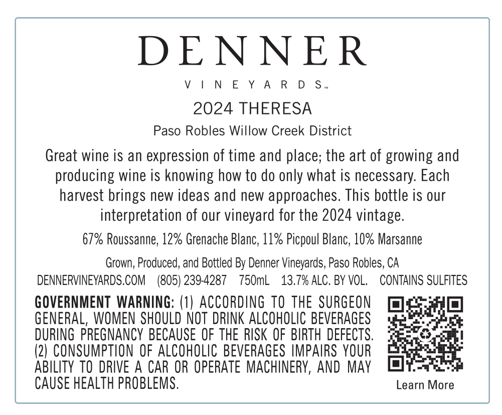 TABC label artwork for Denner Roussanne, Grenache Blanc, Picpoul Blanc, Marsanne Theresa Paso Robles Willow Creek District