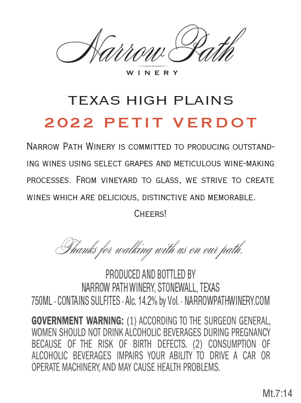 TABC label artwork for Narrow Path Petit Verdot Texas High Plains