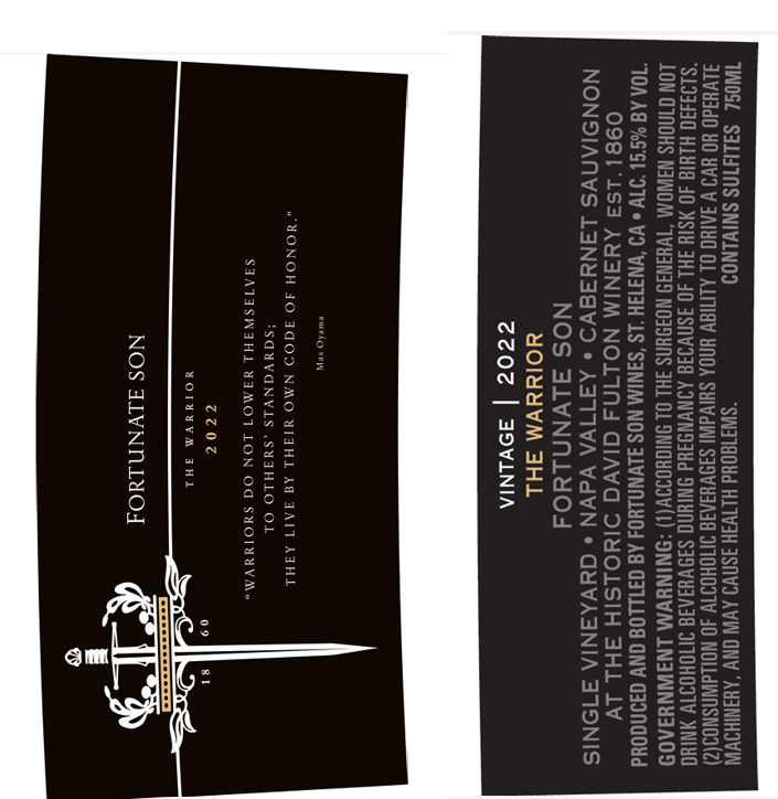 TABC label artwork for FORTUNATE SON CABERNET SAUVIGNON NAPA VALLEY THE WARRIOR