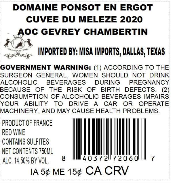 TABC label artwork for DOMAINE PONSOT EN ERGOT CUVEE DU MELEZE