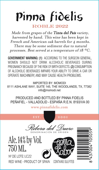 TABC label artwork for PINNA FIDELIS ROBLE TINTA DEL PAIS RIBERA DEL DUERO