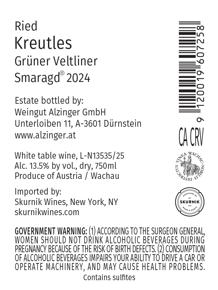 TABC label artwork for Gruner Veltliner Ried Kreutles Smaragd, Alzinger
