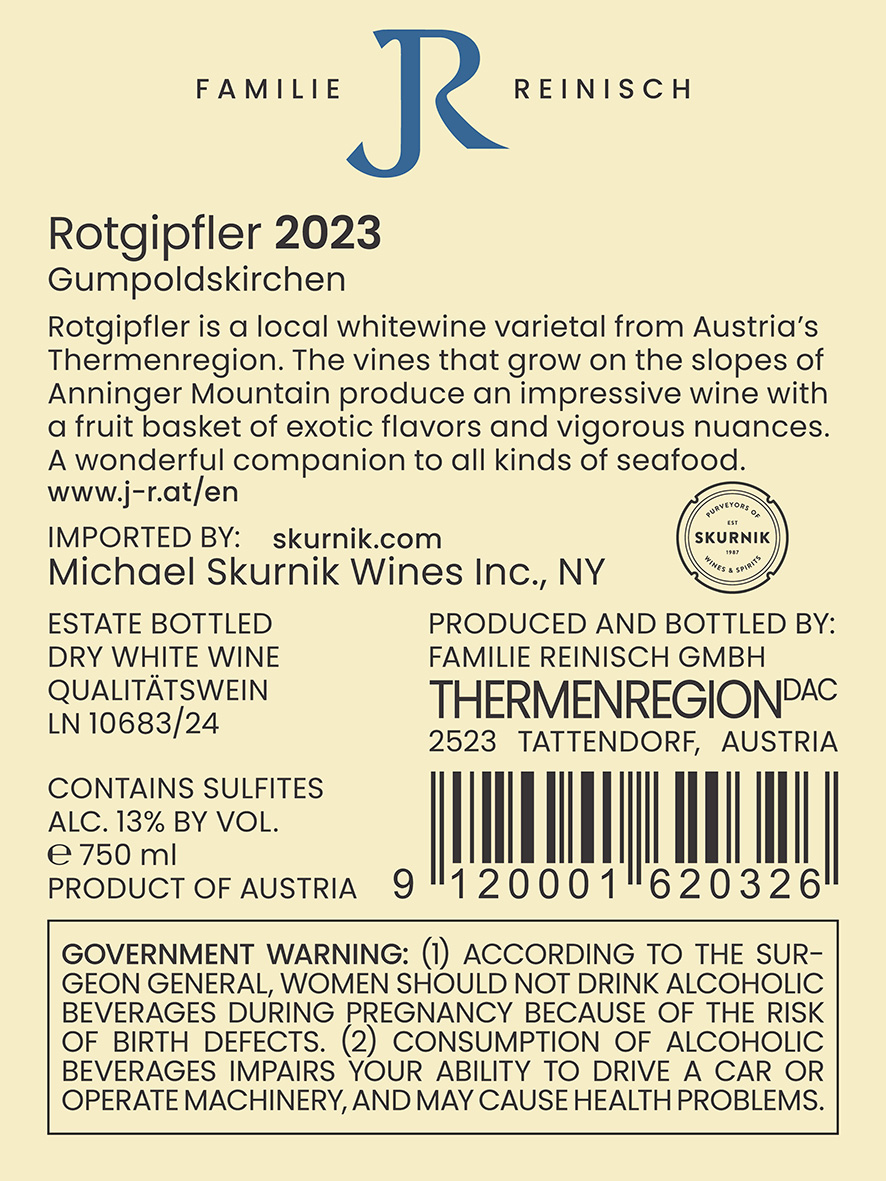 TABC label artwork for Estate Rotgipfler, Familie Reinisch