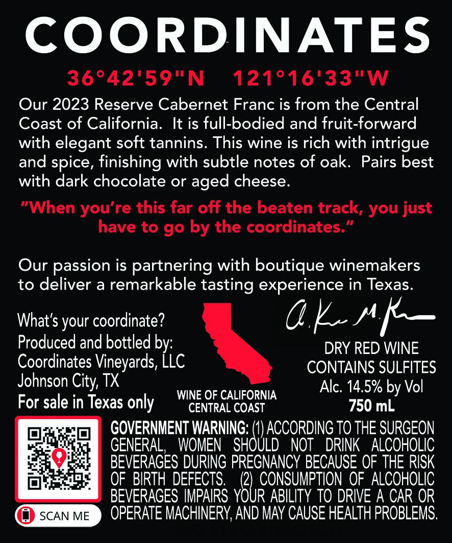 TABC label artwork for Coordinates Vineyards Cabernet Franc