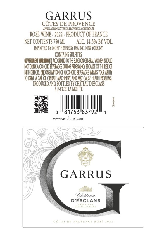 TABC label artwork for Garrus Rose Cotes De Provence