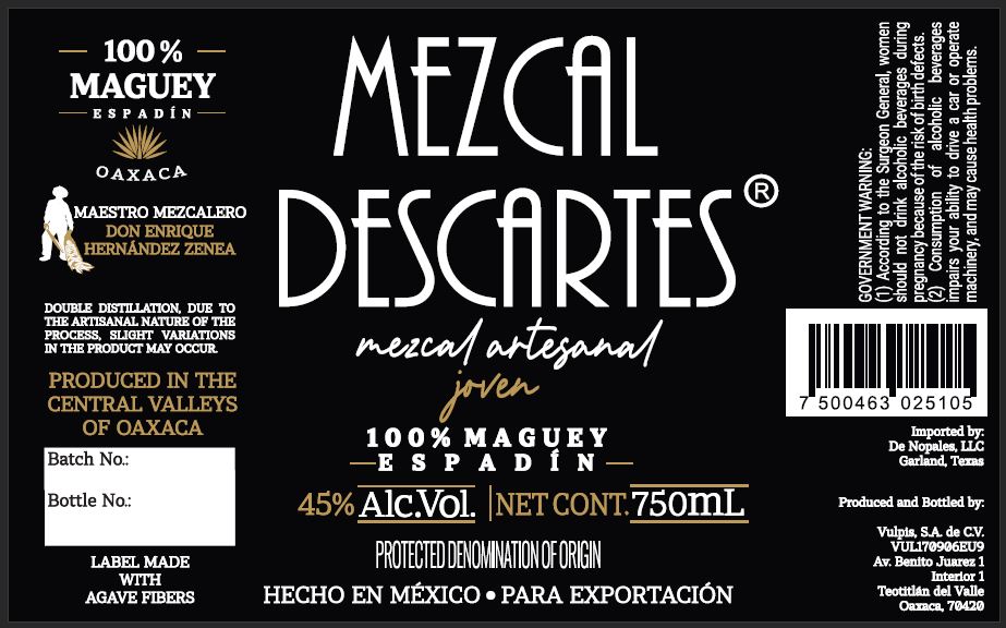 TABC label artwork for Mezcal Descartes Espadin Joven