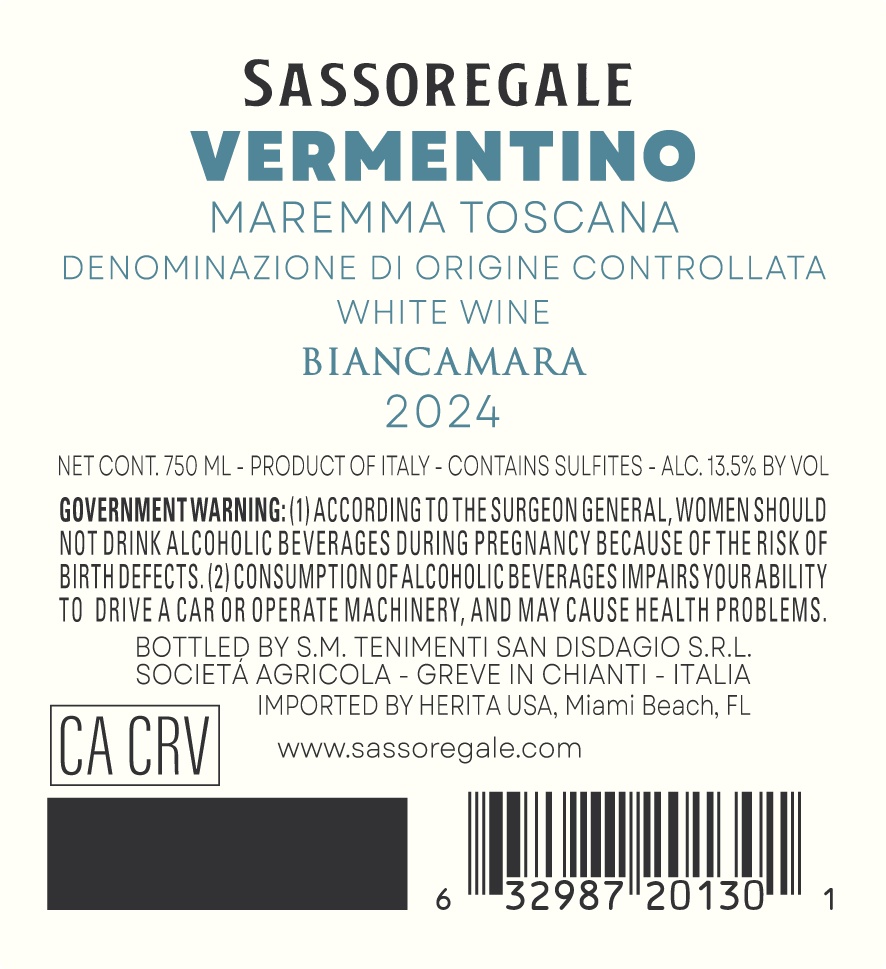 TABC label artwork for Sassoregale Biancamara Vermentino Maremma Toscana DOC