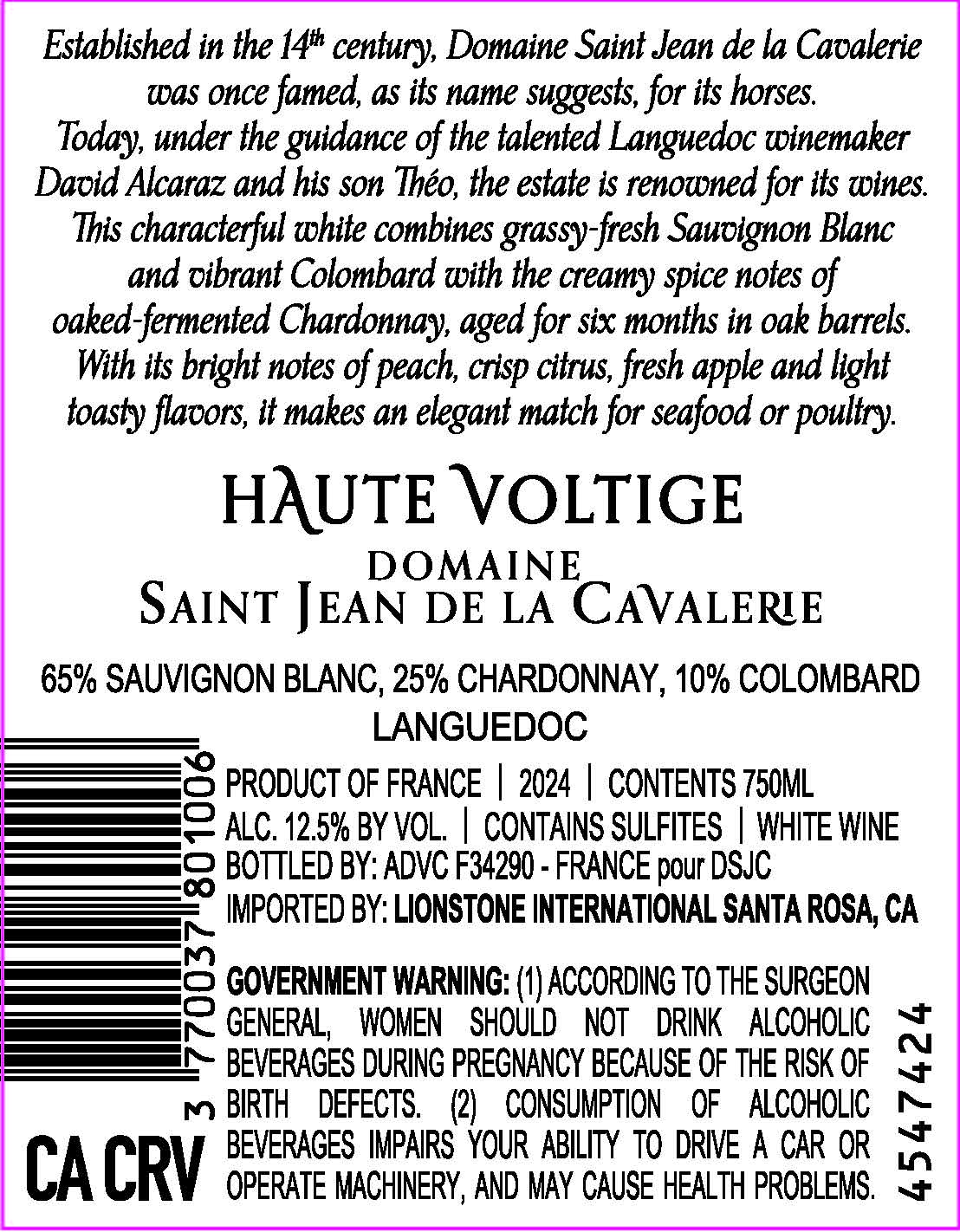 TABC label artwork for Domaine Saint Jean de la Cavalerie Haute Voltige Sauvignon Blanc, Chardonnay, Colombard, Languedoc