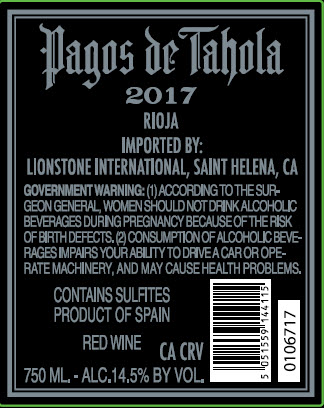 TABC label artwork for Pagos de Tahola Reserva Rioja Red Wine, Spain