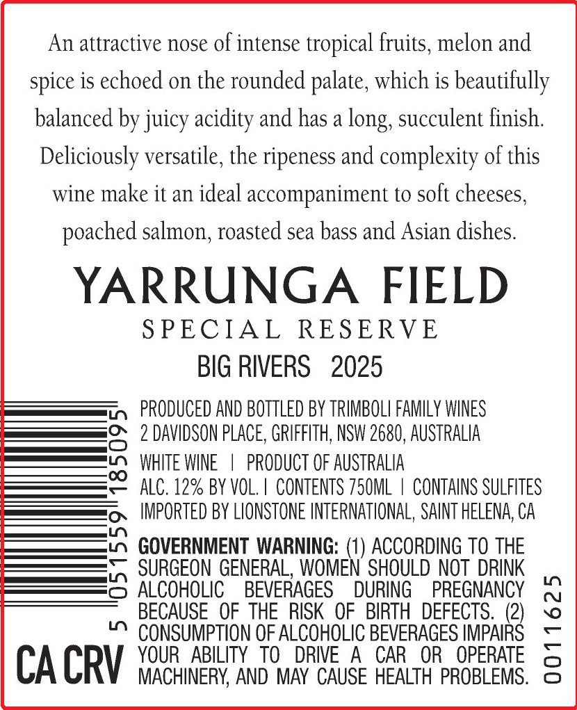 TABC label artwork for Yarrunga Field Special Reserve Big Rivers White Wine