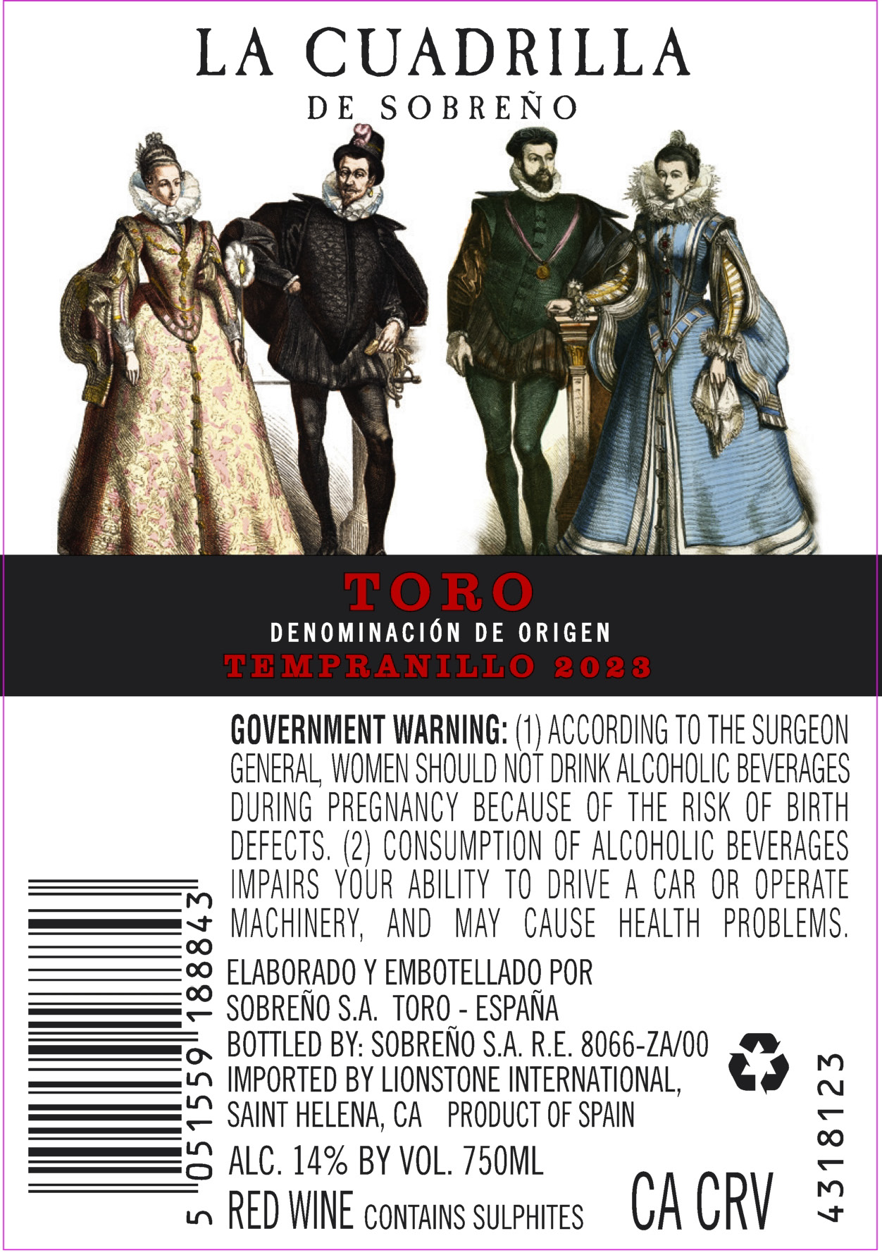 TABC label artwork for La Cuadrilla de Sobreno Toro Tempranillo, Spain