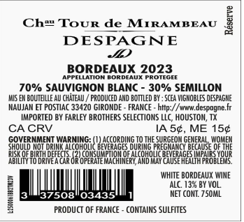TABC label artwork for Chateau Tour de Mirambeau Bordeaux Blanc