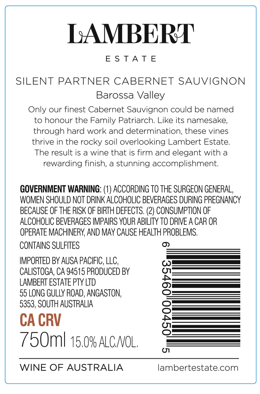 TABC label artwork for LAMBERT ESTATE SILENT PARTNER CABERNET SAUVIGNON
