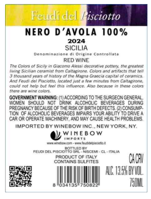 TABC label artwork for FEUDI DEL PISCIOTTO NERO D'AVOLA