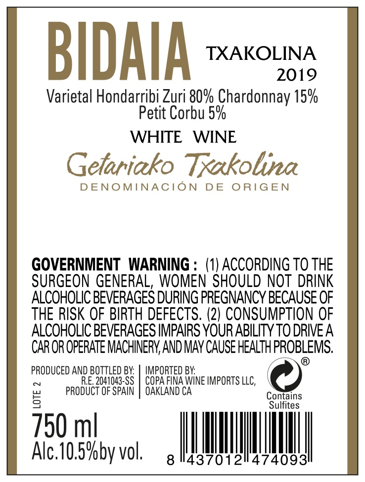 TABC label artwork for Bidaia White Txakolina