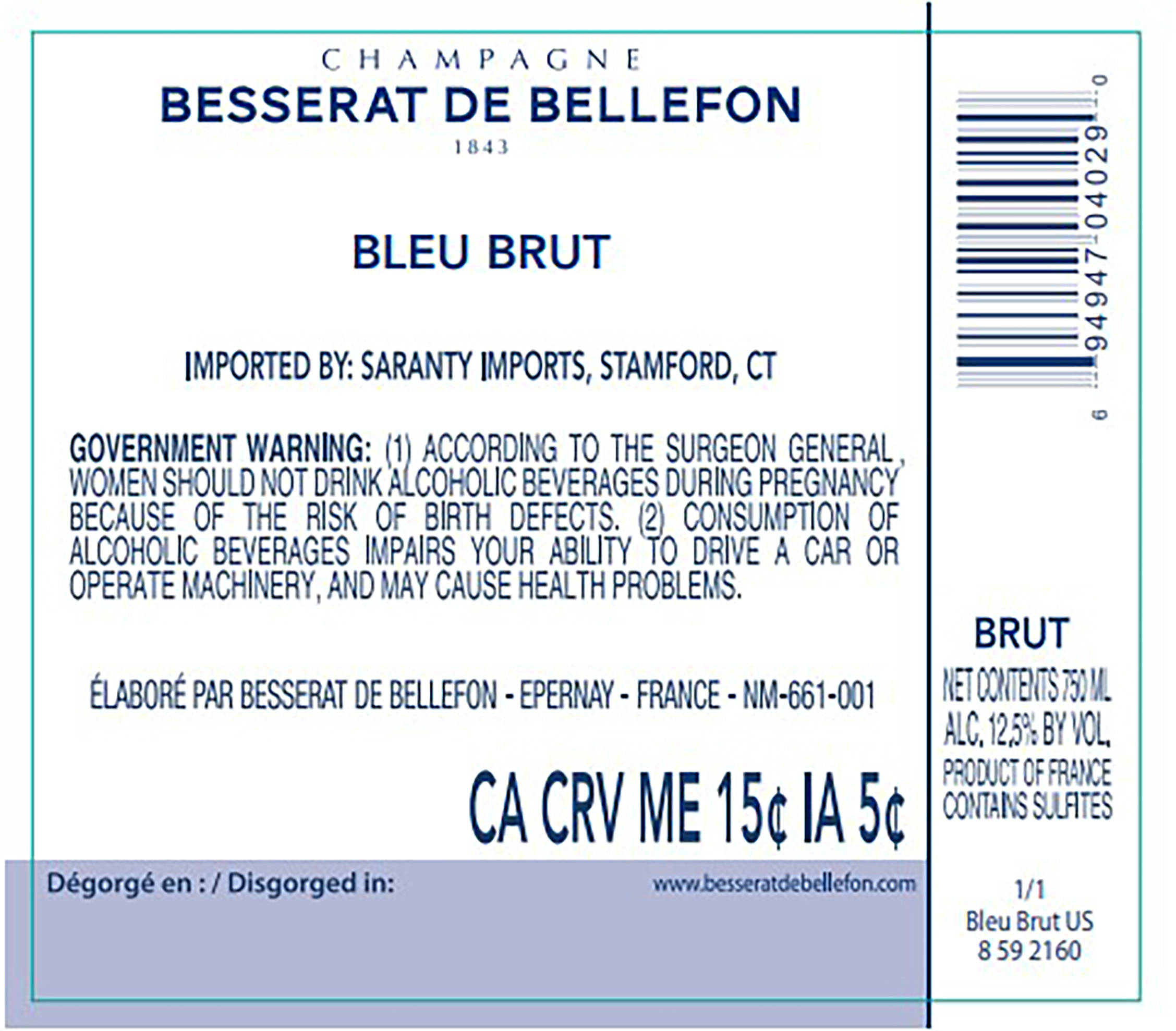 TABC label artwork for Besserat de Bellefon Bleu Brut