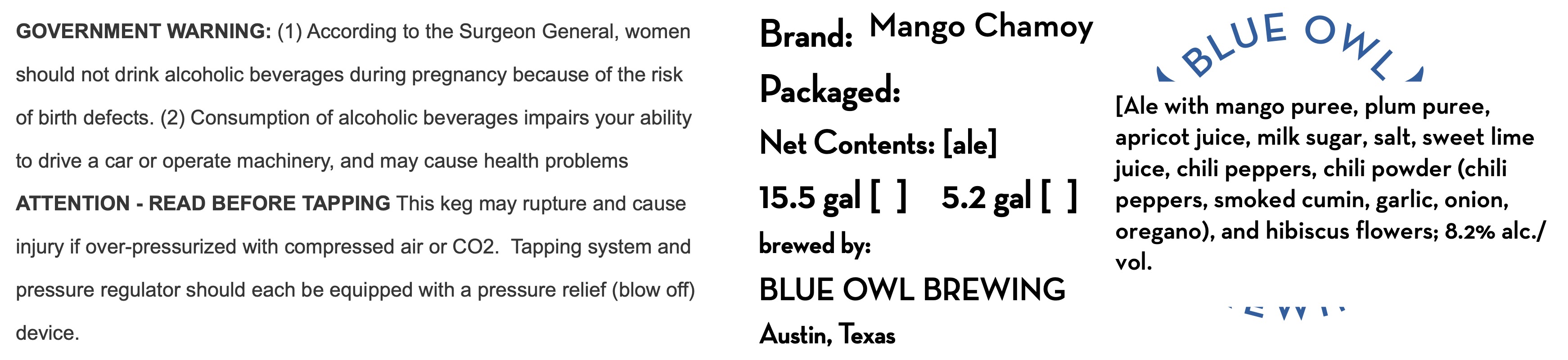 TABC label artwork for BLUE OWL BREWING MANGO CHAMOY KEG